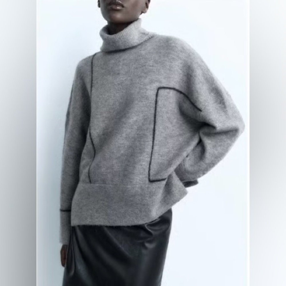 Zara Gray Wool Blend Turtleneck Sweater with Contrast Seams (Size S)